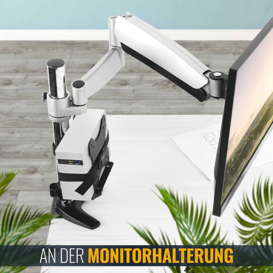 RICOO Supporto Universale per Mini PC (TRH-01) per VESA, Parete & Sottoscrivania (Supporto in acciaio regolabile per Thin Client & Intel NUC (17–70 mm) fino a 5 kg – Incl. cinghia di sicurezza)