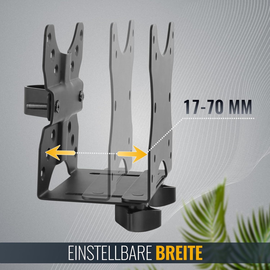 RICOO Supporto Universale per Mini PC (TRH-01) per VESA, Parete & Sottoscrivania (Supporto in acciaio regolabile per Thin Client & Intel NUC (17–70 mm) fino a 5 kg – Incl. cinghia di sicurezza)