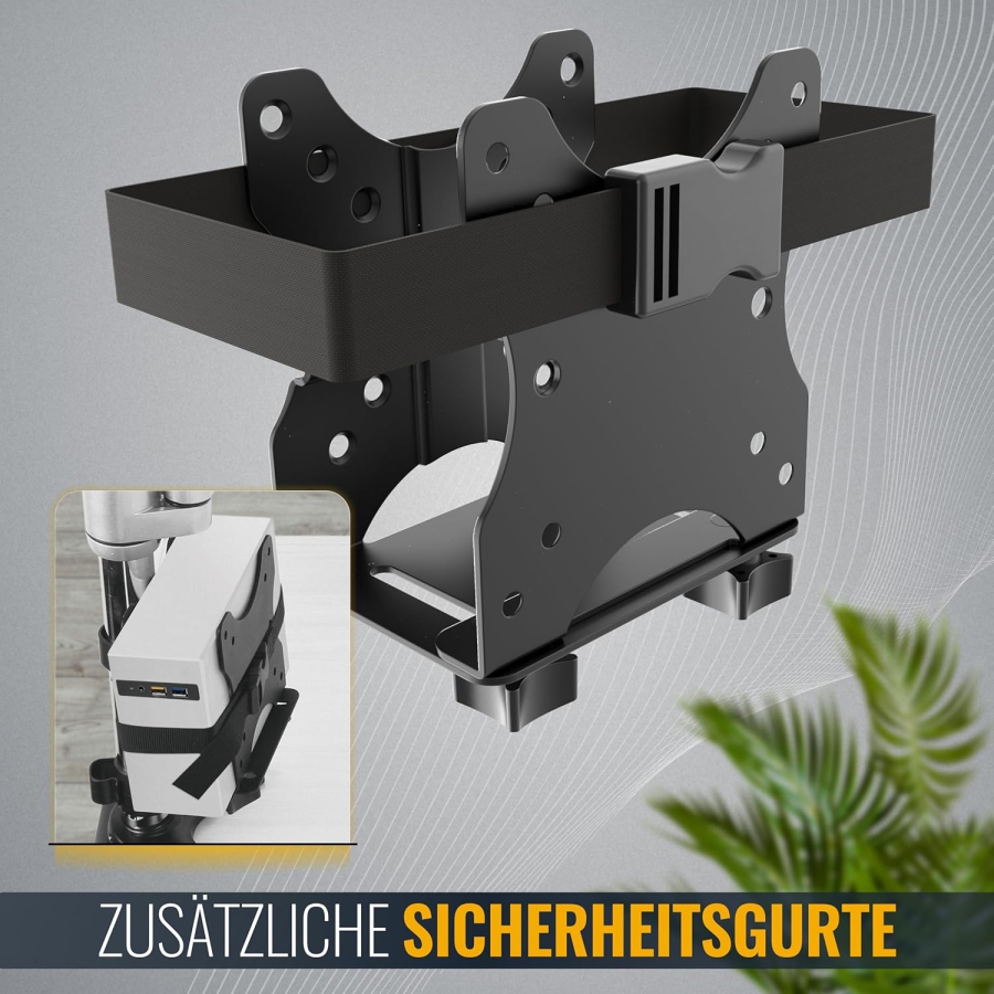 RICOO Supporto Universale per Mini PC (TRH-01) per VESA, Parete & Sottoscrivania (Supporto in acciaio regolabile per Thin Client & Intel NUC (17–70 mm) fino a 5 kg – Incl. cinghia di sicurezza)