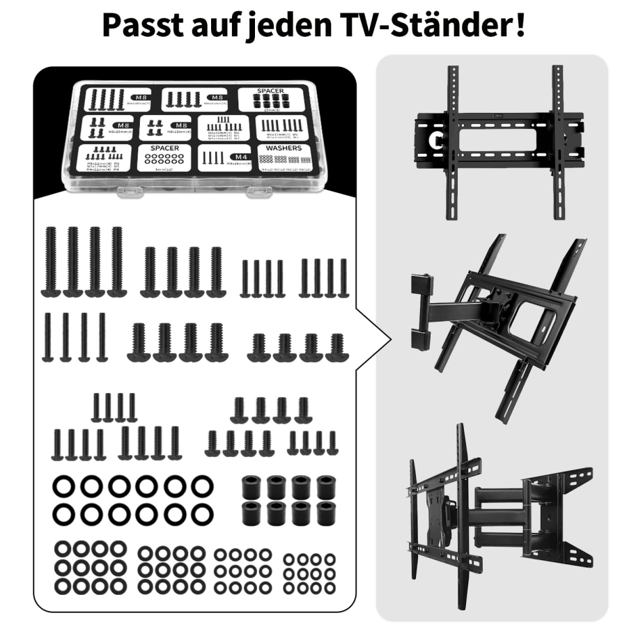 Set di Viti TV Universali (120 Pezzi) per Supporti a Parete & Piedistalli (Assortimento viti VESA M4, M5, M6, M8 incl. distanziatori & rondelle per TV fino a 80 pollici)