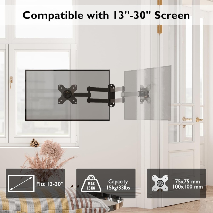 Supporto da parete per monitor PC BONTEC Supporto da parete per TV orientabile/inclinabile per monitor e TV al plasma curvi da 13-30 pollici, VESA 75x75/100x100 mm, fino a 15 kg, livella inclusa
