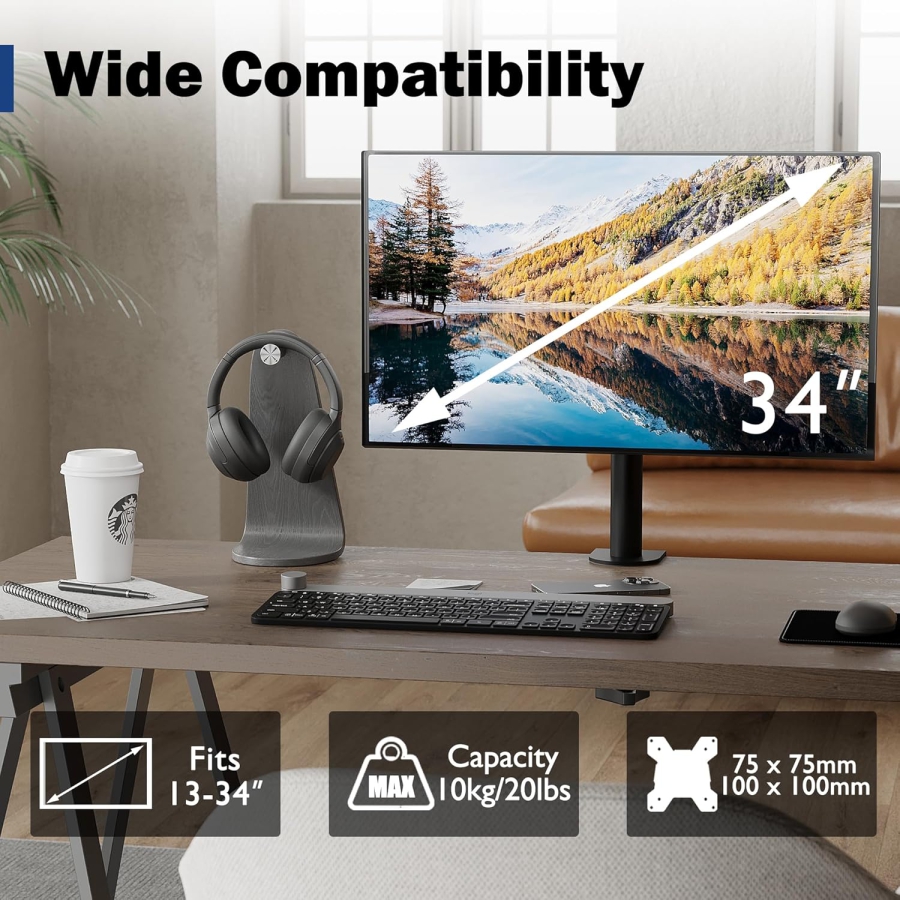 Supporto per monitor BONTEC, supporto da tavolo per schermi da 13-34 pollici, completamente mobile, design ergonomico, regolabile in altezza, per gaming e uso in ufficio, supporta fino a 10 kg, compatibile con VESA 75/100