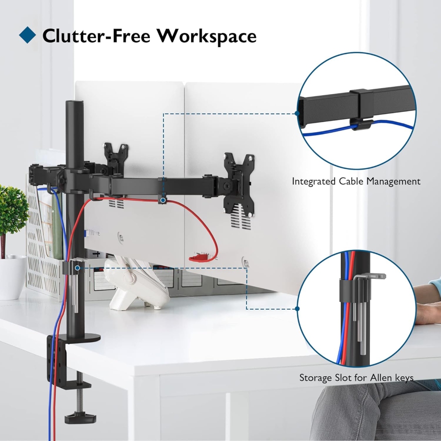 Supporto per monitor BONTEC 2 monitor per schermi piatti e curvi da 13-27 pollici, supporto da tavolo per monitor regolabile in altezza, inclinabile, orientabile, girevole, 10 kg per braccio, VESA 75x75 / 100x100, nero