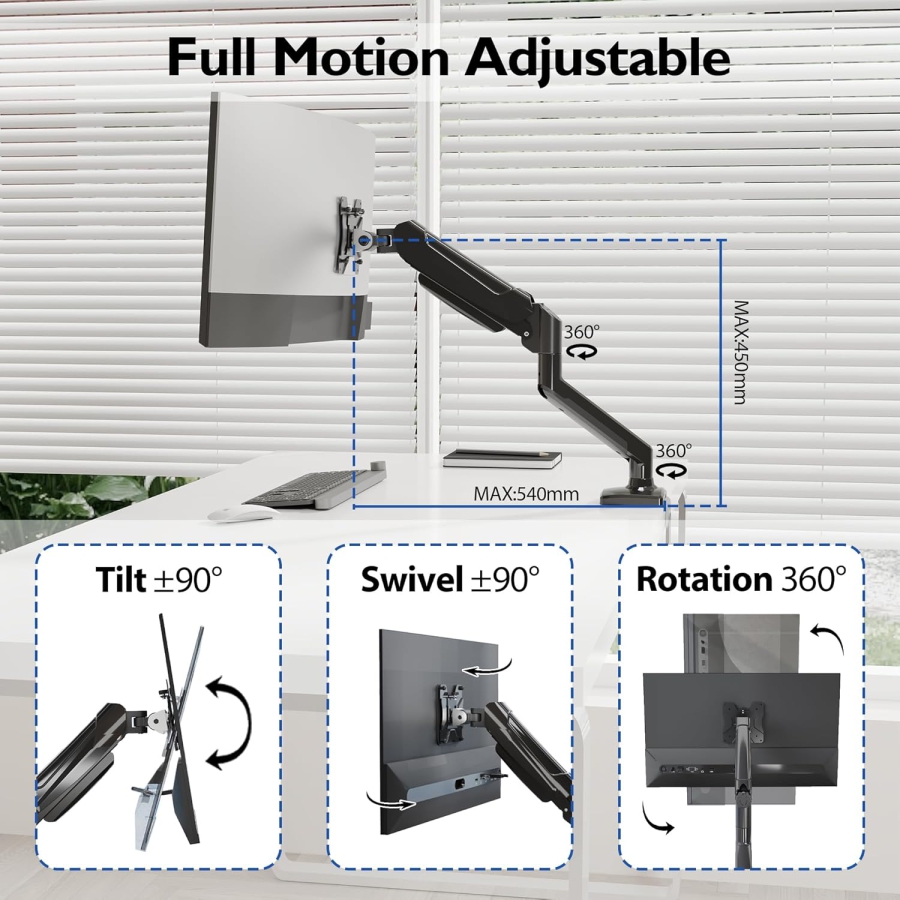 Supporto per monitor BONTEC per schermi da 13-32 pollici. Supporta pesi da 3 a 9 kg, braccio con molla a gas, inclinabile, orientabile, girevole, supporto ergonomico per monitor 1 con passacavi, VESA 75/100 mm.
