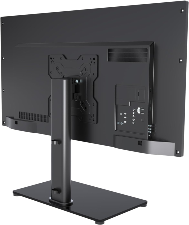 Supporto Universale per TV & Monitor per 17–43 Pollici (Inclinabile & Regolabile in Altezza) (Elegante supporto da tavolo con base in vetro di sicurezza per schermi fino a 40 kg – VESA max. 200x200 mm.)