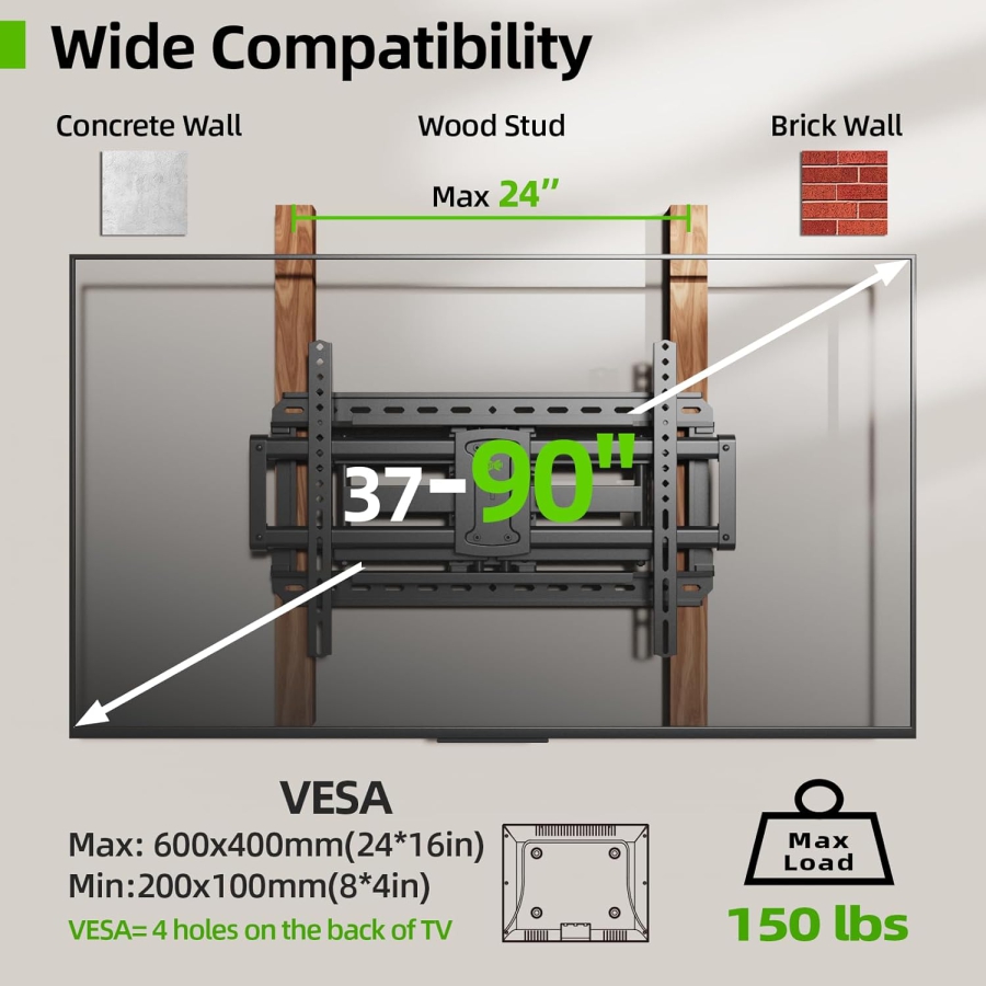USX-MOUNT Supporto da Parete per TV Girevole & Inclinabile per 37-90 Pollici (fino a 68kg) – Doppio Braccio Estensibile, VESA fino a 600x400
