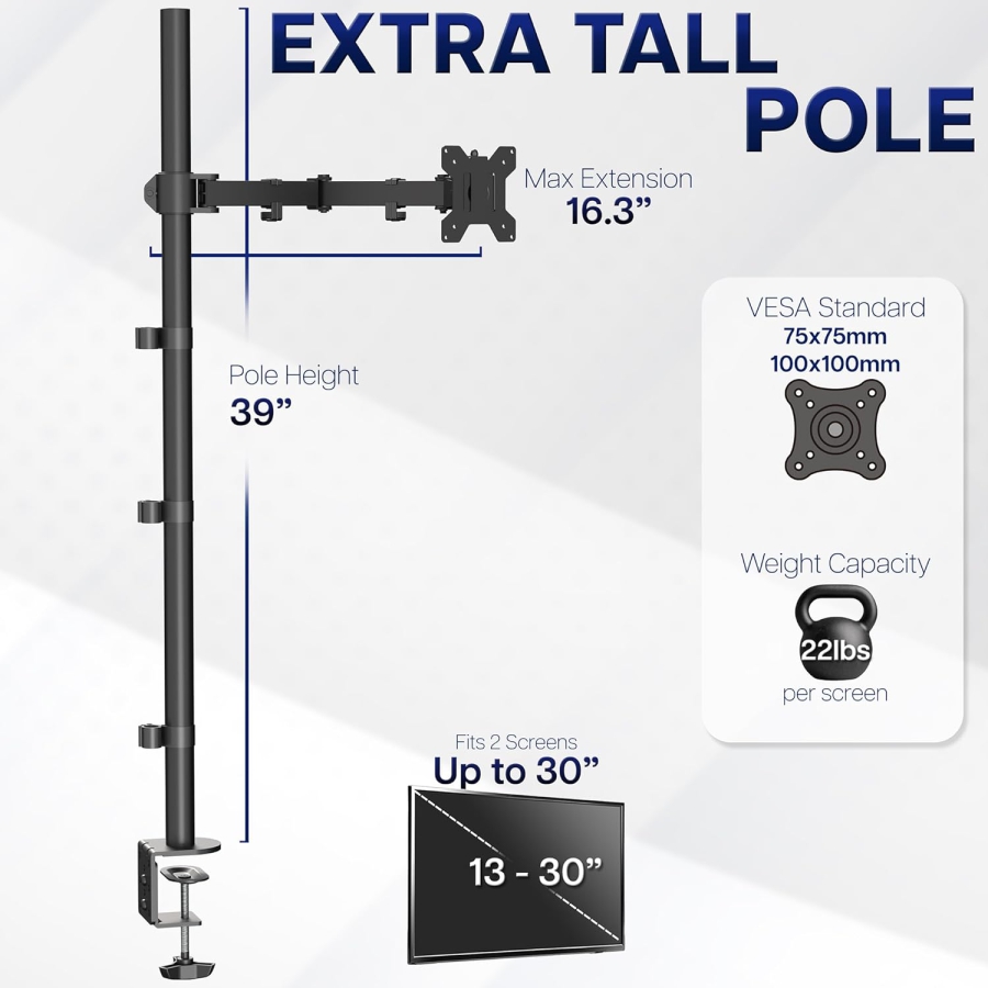 VIVO Braccio per Monitor 13–32" | Asta da 99 cm (Soluzione Ergonomica per Postazioni di Lavoro Seduto-In Piedi: Piantana da 1010 mm per Regolazione Flessibile dell