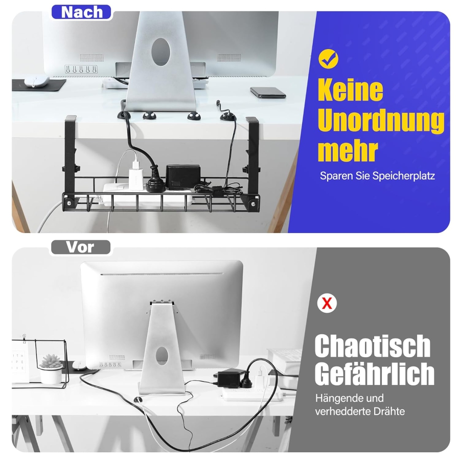 Xpatee Gestione Cavi Senza Forare – Canalina Passacavi da Scrivania a Morsetto (Nero) (Robusta vaschetta portacavi in metallo (40 cm) con morsetti a C – Niente viti – Per piani da 1–6 cm di spessore – Accessori incl.)