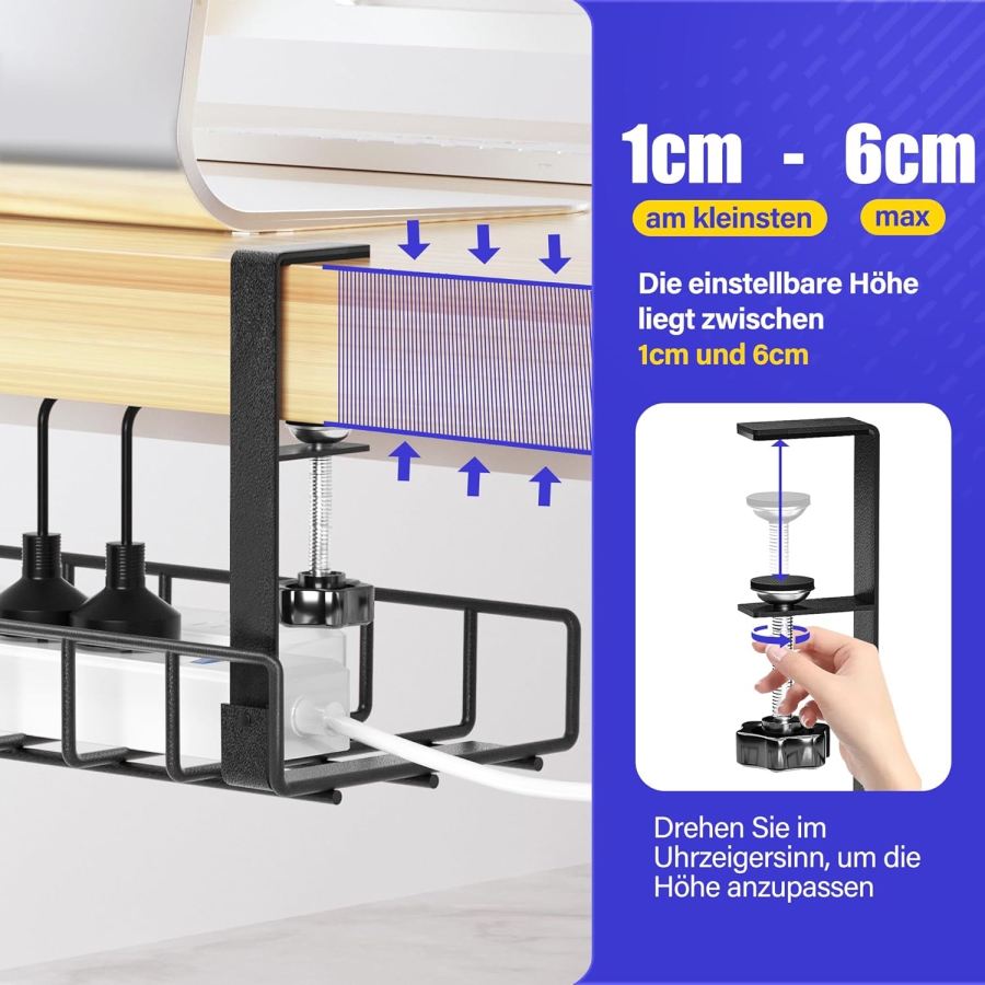 Xpatee Gestione Cavi Senza Forare – Canalina Passacavi da Scrivania a Morsetto (Nero) (Robusta vaschetta portacavi in metallo (40 cm) con morsetti a C – Niente viti – Per piani da 1–6 cm di spessore – Accessori incl.)