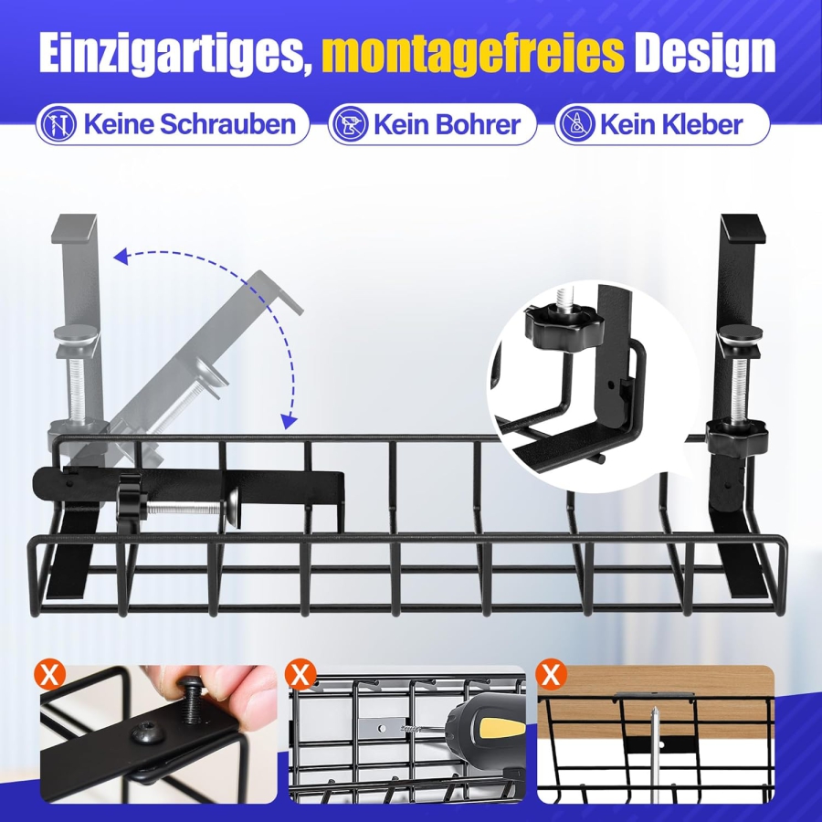 Xpatee Gestione Cavi Senza Forare – Canalina Passacavi da Scrivania a Morsetto (Nero) (Robusta vaschetta portacavi in metallo (40 cm) con morsetti a C – Niente viti – Per piani da 1–6 cm di spessore – Accessori incl.)