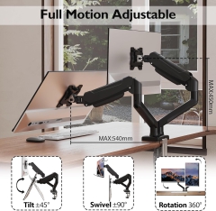 Supporto per monitor BONTEC 2 monitor per schermi da 13-32 pollici, supporto ergonomico con braccio a molla a gas, sostiene 3-9 kg con gestione dei cavi, inclinabile, orientabile, girevole, VESA 75/100 mm